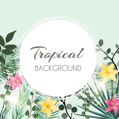 Abstract Natural Tropical Frame Background with Palm and other Leaves and Lily Flowers. Vector Illustration