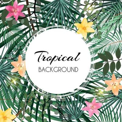 Abstract Natural Tropical Frame Background with Palm and other Leaves and Lily Flowers. Vector Illustration