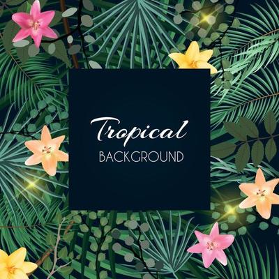 Abstract Natural Tropical Frame Background with Palm and other Leaves and Lily Flowers. Vector Illustration