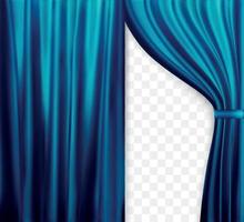 Naturalistic image of Curtain, open curtains Blue color on transparent background. Vector Illustration.