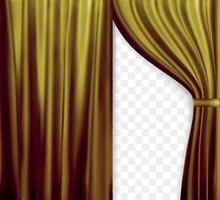 Naturalistic image of Curtain, open curtains Gold color on transparent background. Vector Illustration.