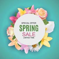 Spring Sale Cute Background with Colorful Flower Elements. Vector Illustration