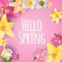 Hello Spring Banner Greetings Design  Background with Colorful Flower Elements. Vector illustration