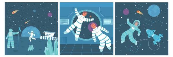 Conjunto de composiciones cuadradas de astronauta. vector