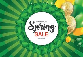 Spring Sale Cute Background with Green Leaves. Vector Illustration
