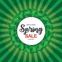 Spring Sale Cute Background with Green Leaves. Vector Illustration