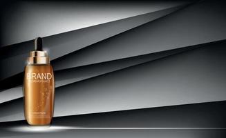 Plantilla de botella de concentrado hidratante de esencia de aceite para anuncios o fondo de revista. Ilustración de vector realista 3d