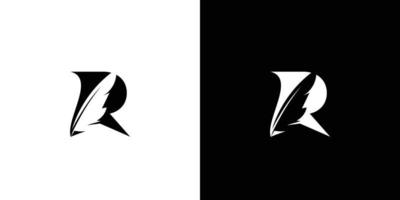 el diseño del logotipo inicial de la letra r, una combinación de un bolígrafo de plumas de ganso, es único y atractivo vector