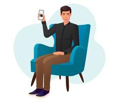 hombre ordenando desde casa usando el teléfono y sentado en una silla. ilustración vectorial premium vector