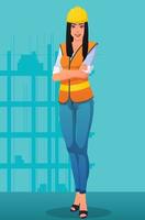 sonriente, trabajador de la construcción, mujer, llevando, trabajo, uniforme, y, casco, imagen, premium, vector, ilustración vector