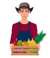 Joven agricultor con sombrero marrón y llevar caja de frutas, diseño de ilustraciones vectoriales vector