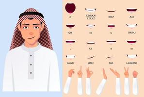 Hombre musulmán con paquete de animación de boca de tela blanca con juego de sincronización de labios. ilustración vectorial plana.