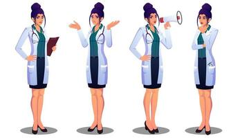 Hermosa doctora expresando diferentes emociones, confundida, pensando, anunciando y de pie ilustración vectorial vector