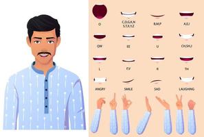 animación de cara de hombre indio y sincronización de labios, hombre vestido con pijama kurta azul gestos con las manos vector