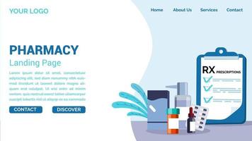 Plantilla de página de destino plana de farmacia, banner con medicamentos en el estante vector premium