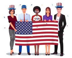 People Holding American Flag And Celebrating 4th july, Man and Woman Wearing USA Hat, Multicultural group, Premium Vector. vector