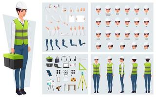 BConstruction Worker, Engineer Character Creation Pack, with Tools, Equipements, gestures and Face Expressions. vector