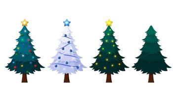 hermosa colección de árboles de navidad con estrellas, adornos de cinta y bombillas de luz ilustración vectorial vector