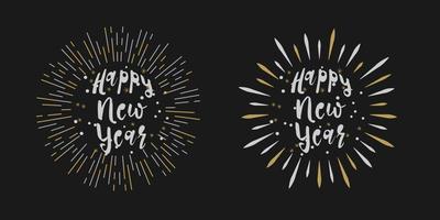Holiday lettered text, firework with inscription Happy New Year