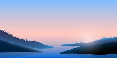 Mountains and river, blue landscape with pink sky vector