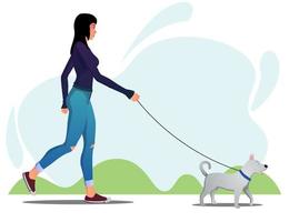 mujer paseando a su perro en el parque por la mañana ilustración vectorial premium vector