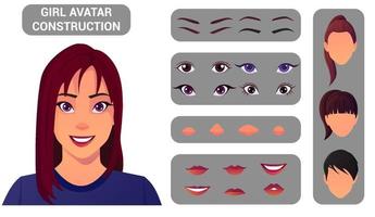 paquete de construcción de rostro de mujer para la creación de avatar. avatar femenino construido con estilos de cabeza y cabello, ojos, nariz, boca, cejas. diseño de conjunto de vectores premium