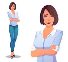 Beautiful Lady wearing Blue Pants And White Shirt With Arms Folded vector