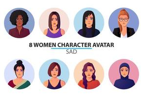conjunto de diferentes avatares y retratos de mujeres tristes, perfil de personas con emoción negativa vector premium.