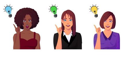 Women New Idea Bulb, Creativity Concept with black woman and caucasian women pointing finger in air. Premium Vector. vector