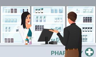 farmacéutico de dibujos animados y cliente en el mostrador comprando medicamentos en el diseño de la farmacia vector