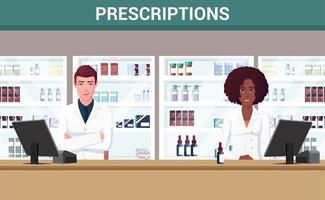 farmacéuticos masculinos y femeninos de pie frente al mostrador de la farmacia ilustración vectorial premium vector