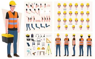 Construction Worker, Engineer Character Creation Pack, with Tools, Equipements, gestures and Face Expressions. vector