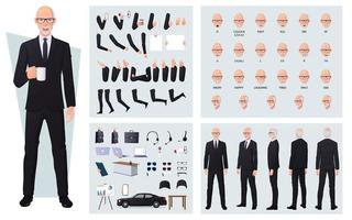 Old Businessman in black suit Character Creation Set, Front, Side, Back view animated character Man Premium Vector