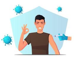 Man Receiving Vaccine And Developing Immunity And Protected From Virus, with an okay hand sign. Premium Vector. design vector