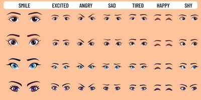 colección de ojos de mujer de dibujos animados que expresa diferentes emociones vector