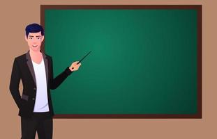Man Pointing At Black Board with a stick, Teacher standing in front of chalkboard premium Vector. vector