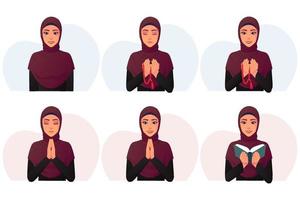 Mujer musulmana de dibujos animados con un vestido negro y un hijab rojo leyendo el Corán, rezando con una ilustración de vector premium de perlas.