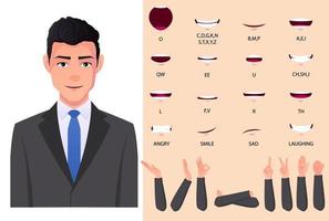 Conjunto de animación de boca de empresario y sincronización de labios con hombre caucásico en traje gris ilustración vectorial premium vector