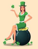 Saint Patrick Day Woman dressed in Green And Sitting On Gold Pot Vector Illustration