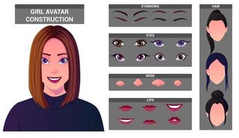 paquete de construcción de rostro de mujer caucásica para la creación de avatar. avatar femenino construido con estilos de cabeza y cabello, ojos, nariz, boca, cejas. conjunto de vectores premium.