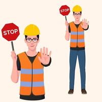 Construction Worker Holding Stop Sign Vector Illustration