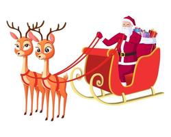 Santa Claus Riding Sleigh With Reindeer and Gift Bag Isolated Vector Illustration