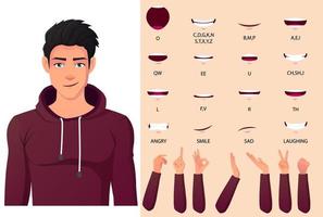 White Man Mouth Animation Pack with Lip Syncing Set. Fit Man in Red Hoodie With Hand Gestures Flat Vector Illustration set.