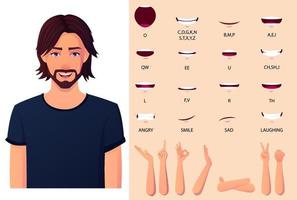 Man with strait shag hair mouth animation set and lip-syncing set, and hand gestures. Premium Vector File.