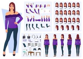 Set of Cartoon Vector Illustrations for Trendy Woman Character Creation with Front, Side, Back View design