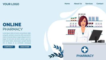 Online Pharmacy Landing Page Concept with Pharmacist in Drugstore Premium Vector illustration