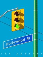 Hollywood street sign on the green pillar. A classic yellow traffic light with a green light signal. Realistic vector illustration. USA