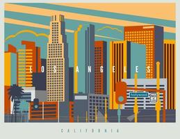 centro de los angeles en vector. paisaje urbano de la en colores y estilización de estilo retro, ilustración de diseño vintage. California, EE.UU