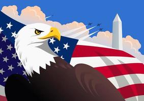 Ilustración patriótica estadounidense simbólica con el águila calva, la bandera de EE. UU., el monumento a Washington y aviones militares volando en el cielo con nubes cúmulos vector