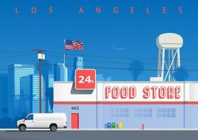 A street in the Los Angeles neighborhood. Symbolic illustration with a food store building, a water tower, the city skyline, electricity pole, and a cargo car parked on the street, not derived image